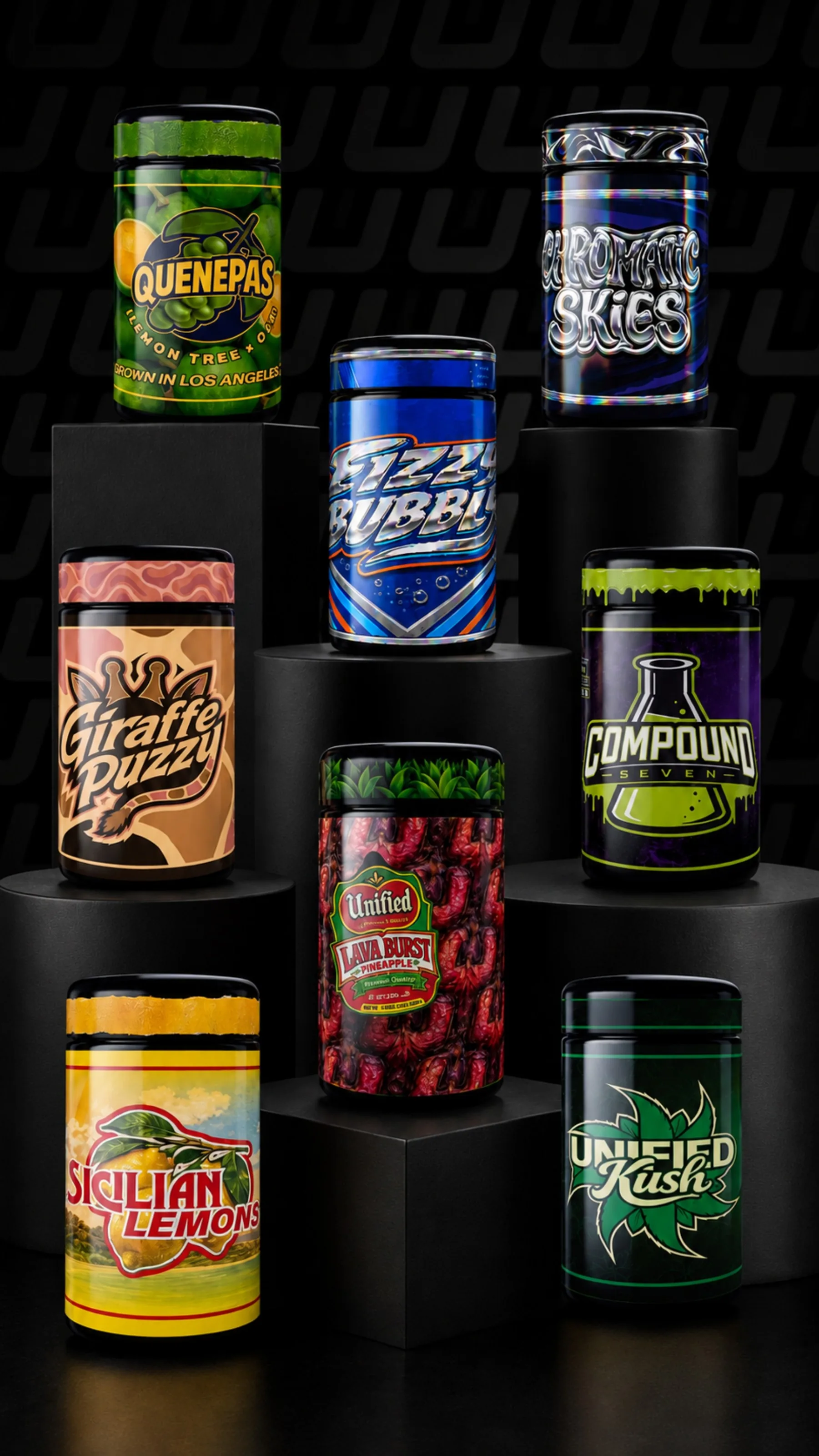 Unified jar lineup — all eight flavors on black plinths