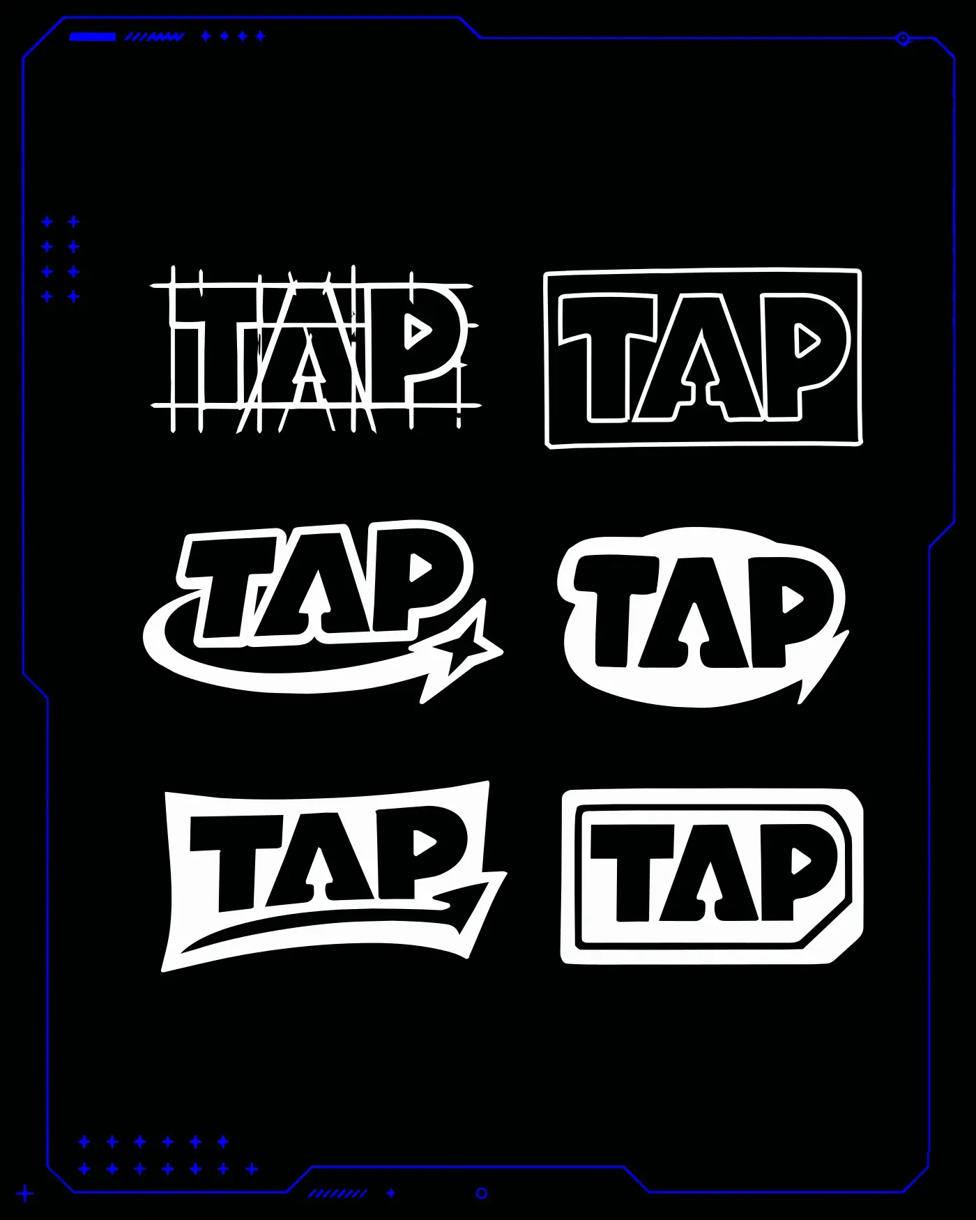 TAP logo sketches — six wordmark explorations