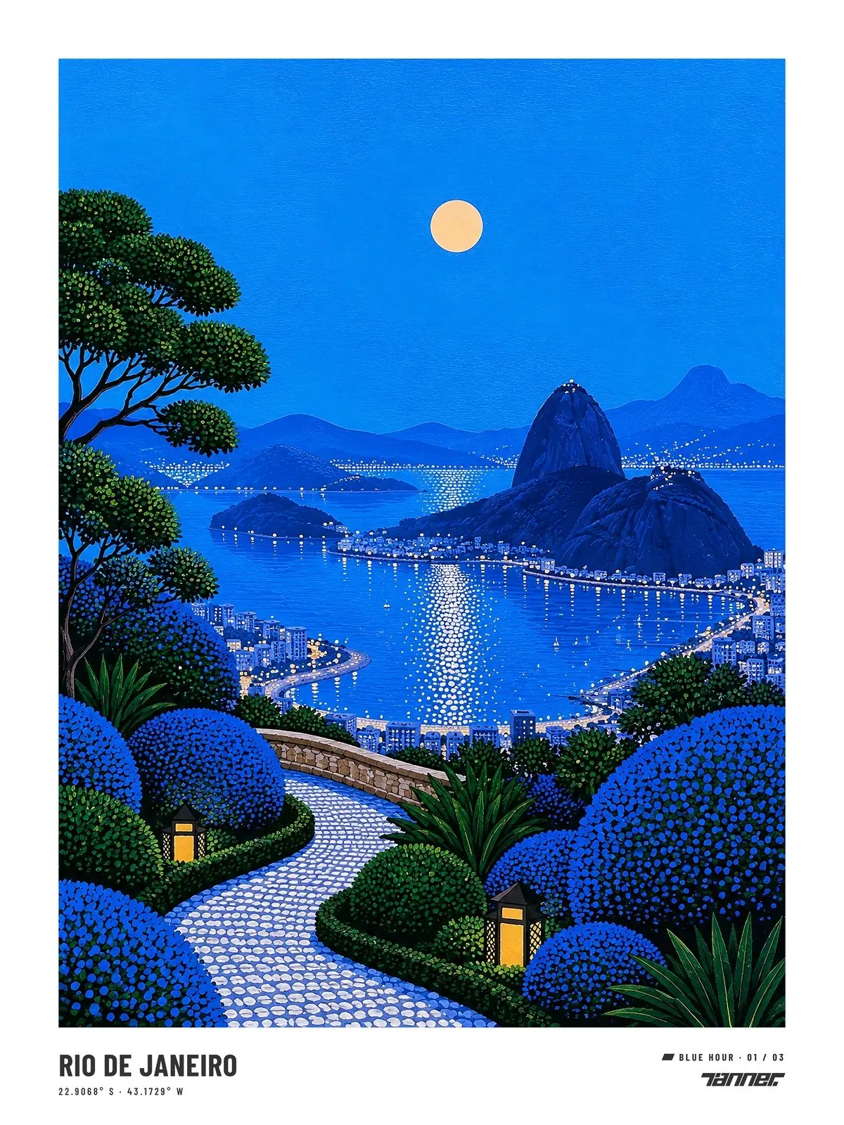 Blue Hour 01, Rio de Janeiro: a moonlit bay and Sugarloaf seen from a garden path
