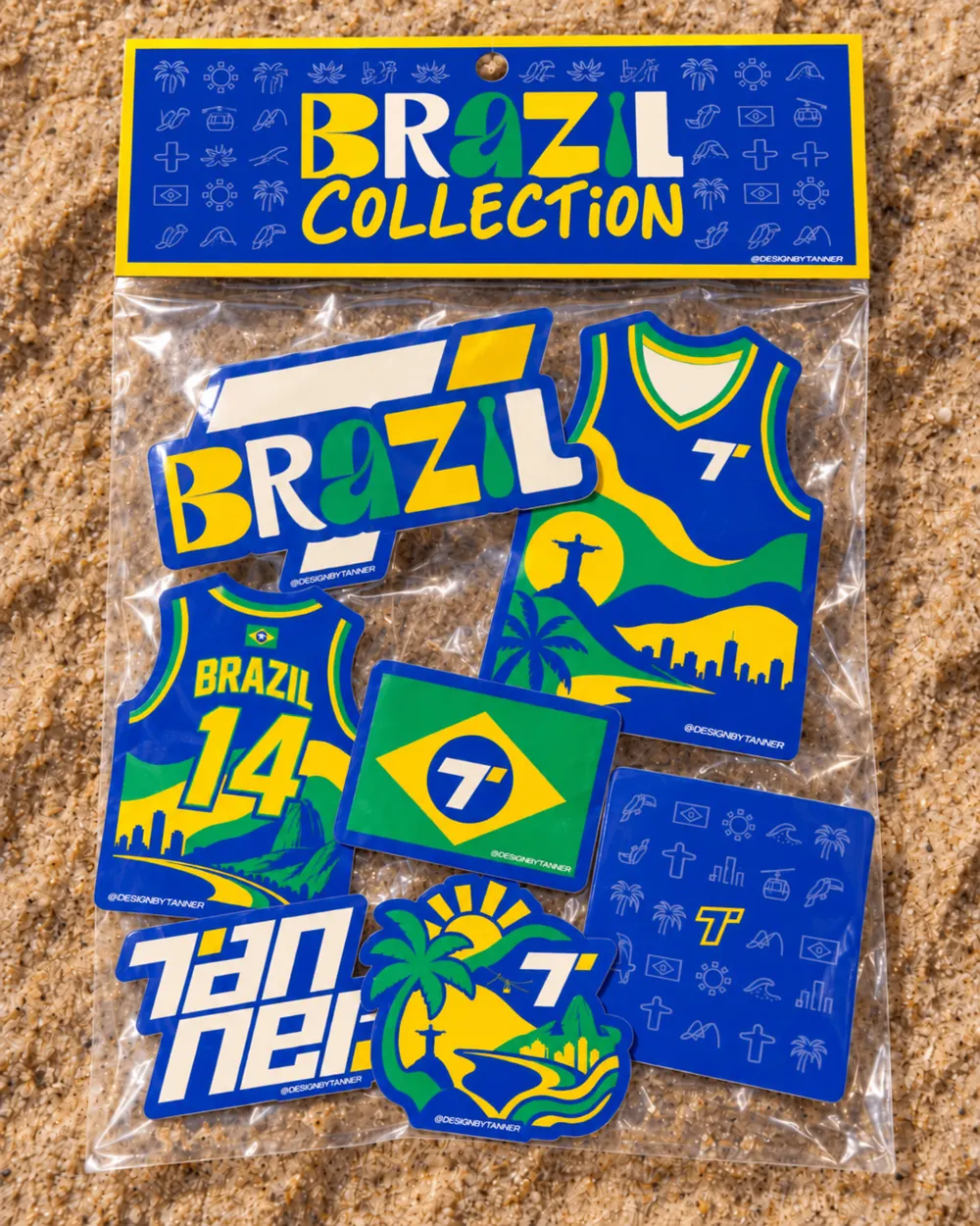 Brazil stickers, packaging and jersey artwork on sand
