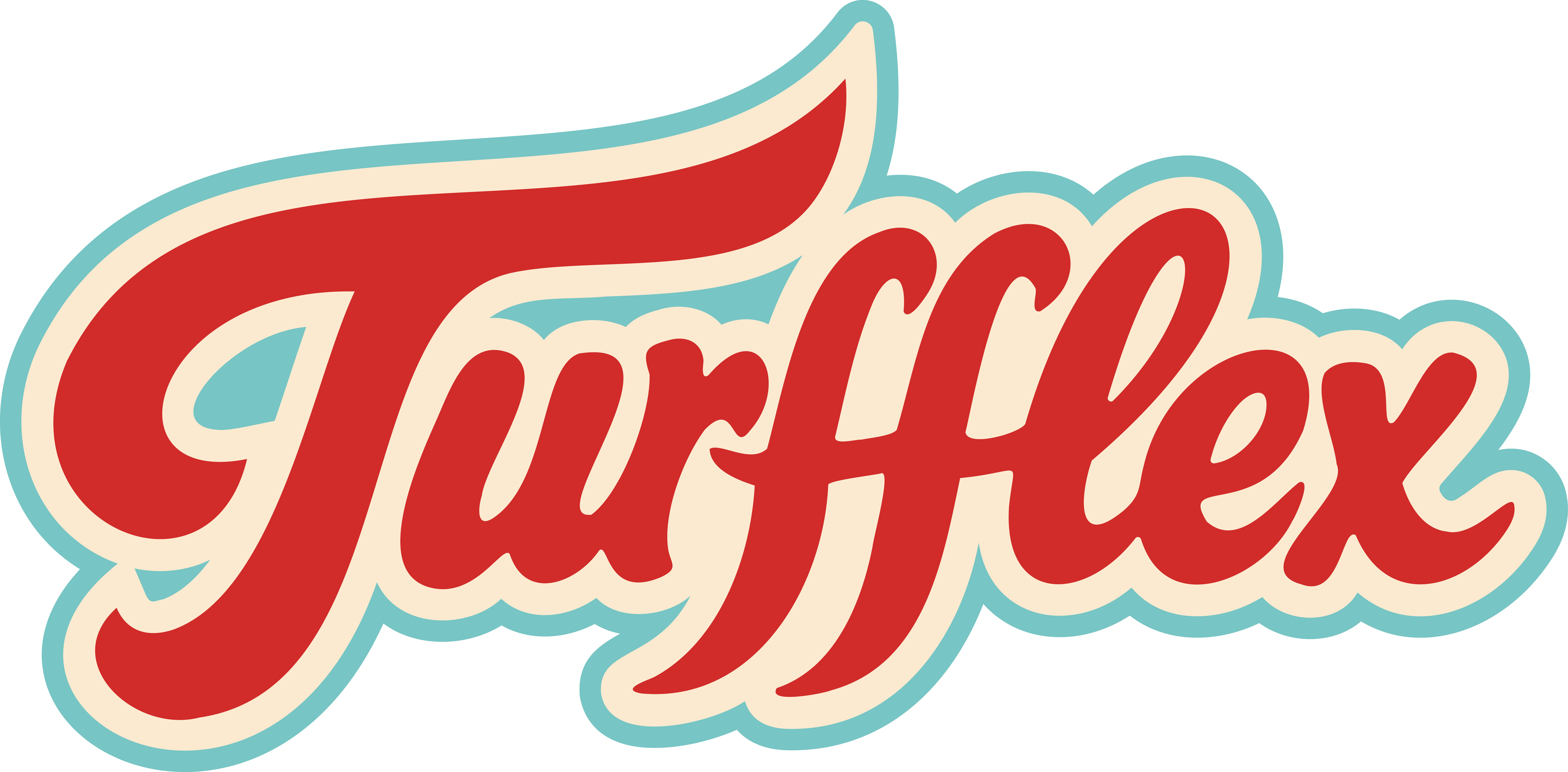 TurfFlex wordmark, annotated by the callouts on either side