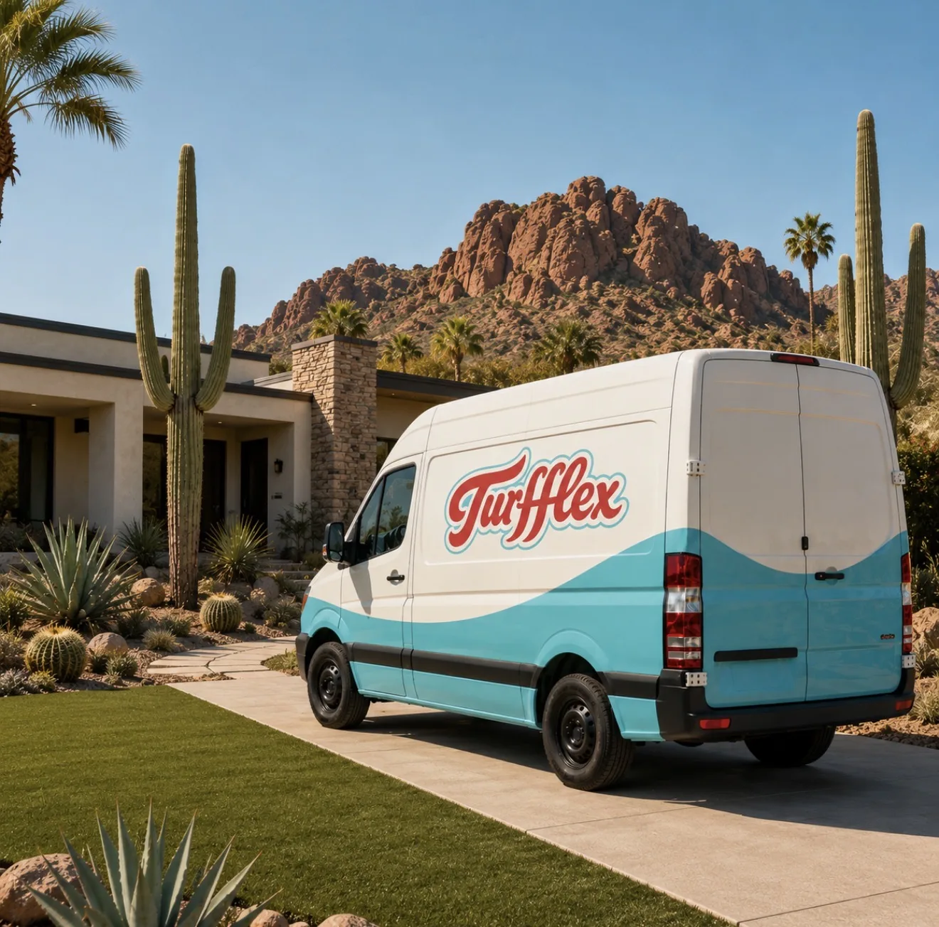 TurfFlex two-tone service van in a Phoenix driveway
