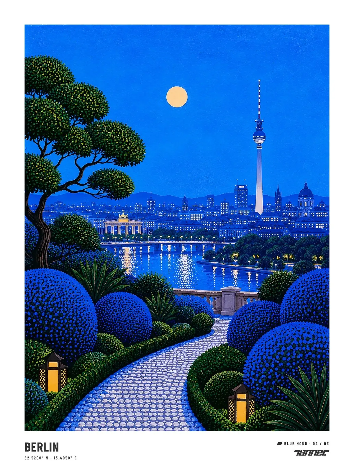 Blue Hour 02, Berlin: the TV tower and Brandenburg Gate over the river at night