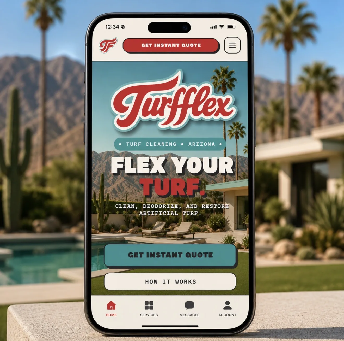 TurfFlex mobile app home screen with 'Get Instant Quote' CTA