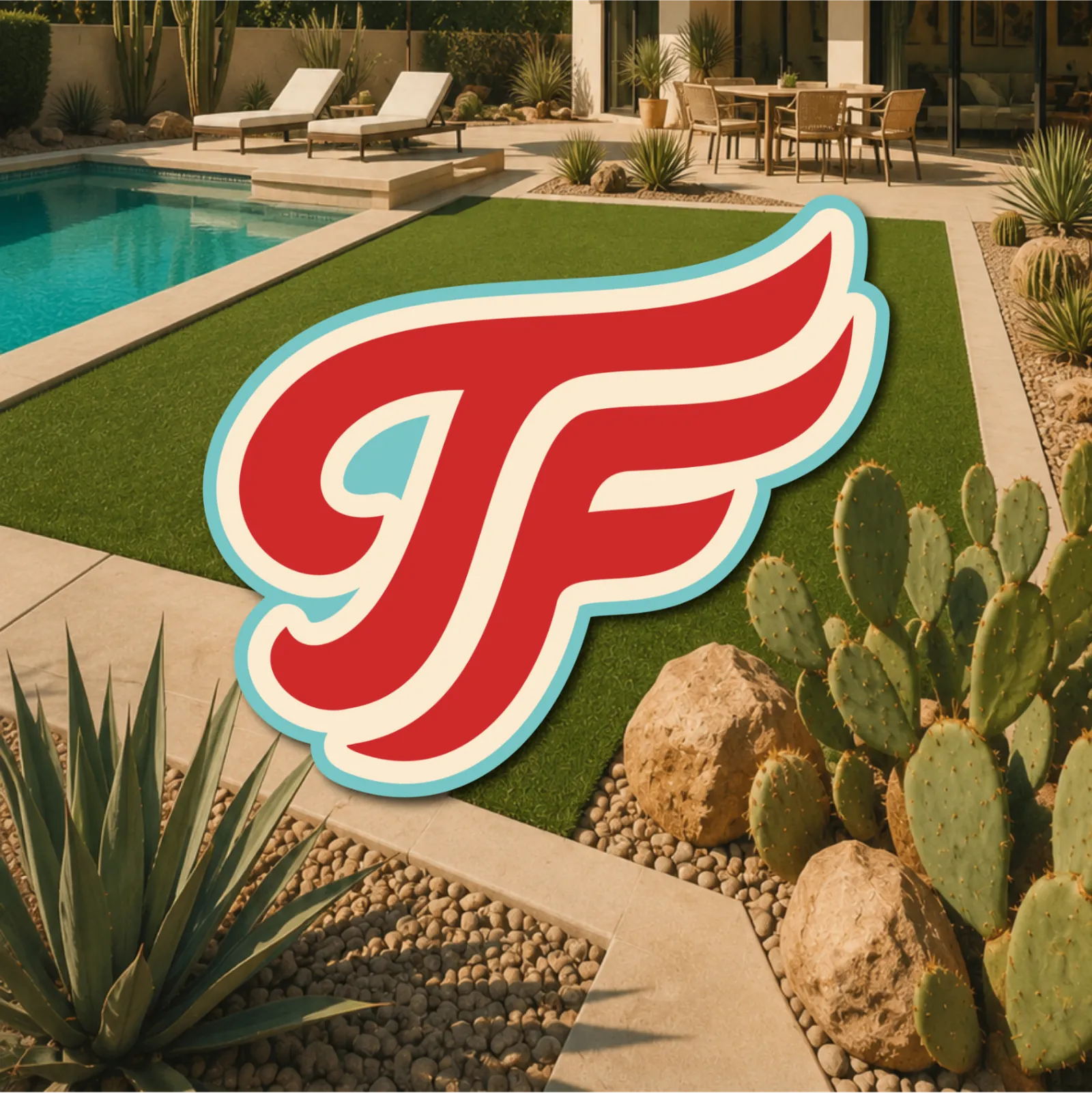 TurfFlex TF monogram as an oversized poolside decal on residential turf