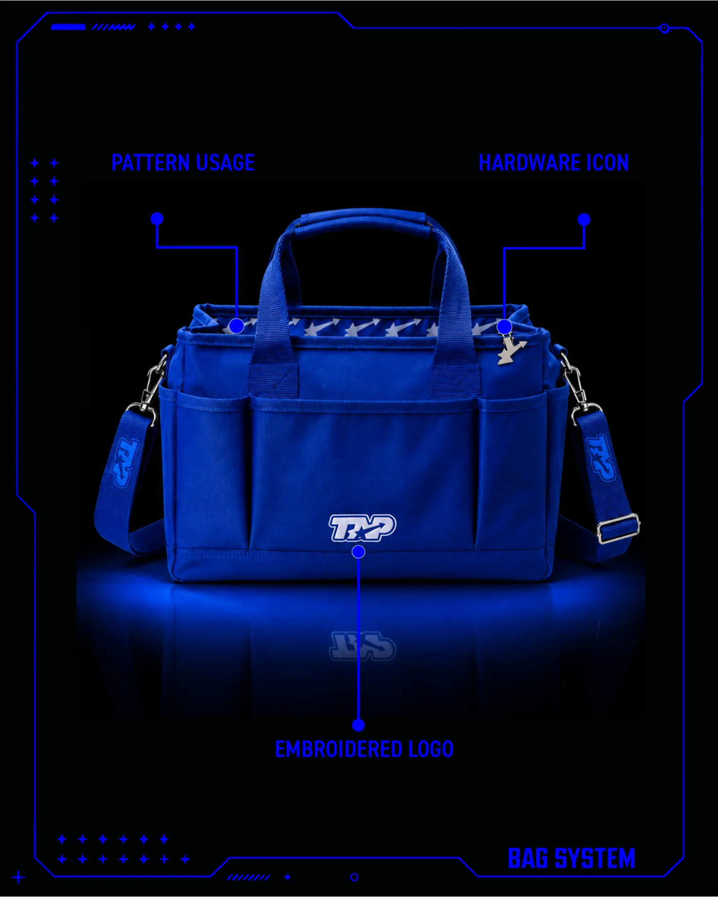 TAP bag system — blue bag with embroidered logo and hardware