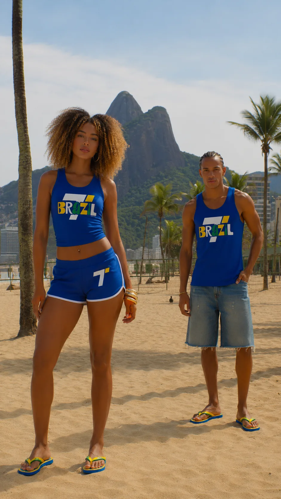 Models wearing the Brazil tank and shorts