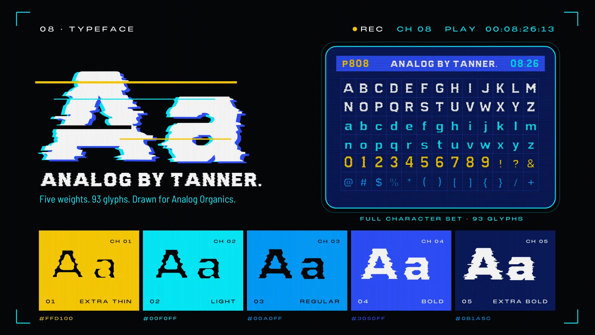 Analog — ANALOG by TANNER typeface specimen board, five weights and channel colors