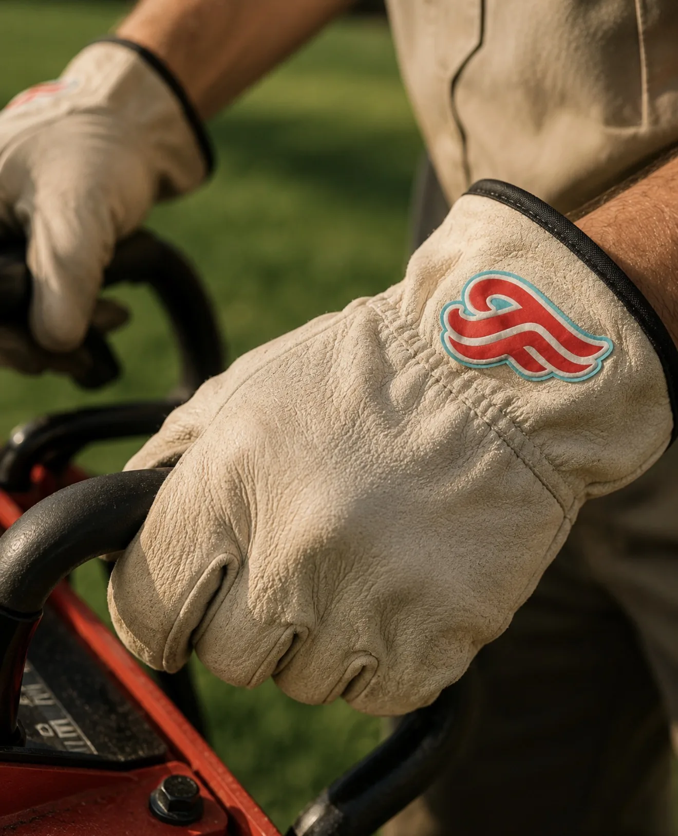Work gloves with TF monogram patch on the back of the hand