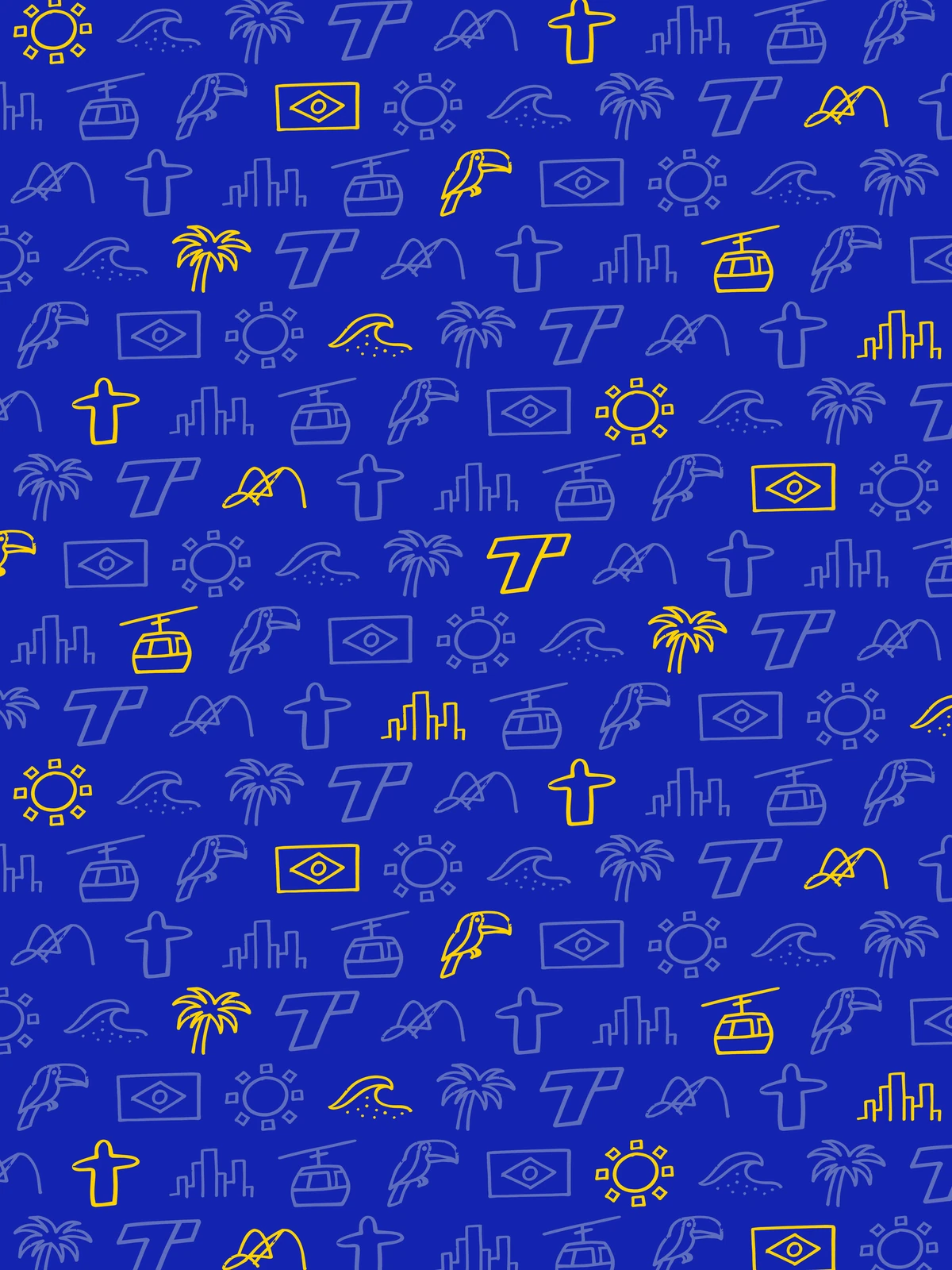 Rio Icons: the Rio Collection icon pattern in light blue with evenly spaced yellow icons on azul