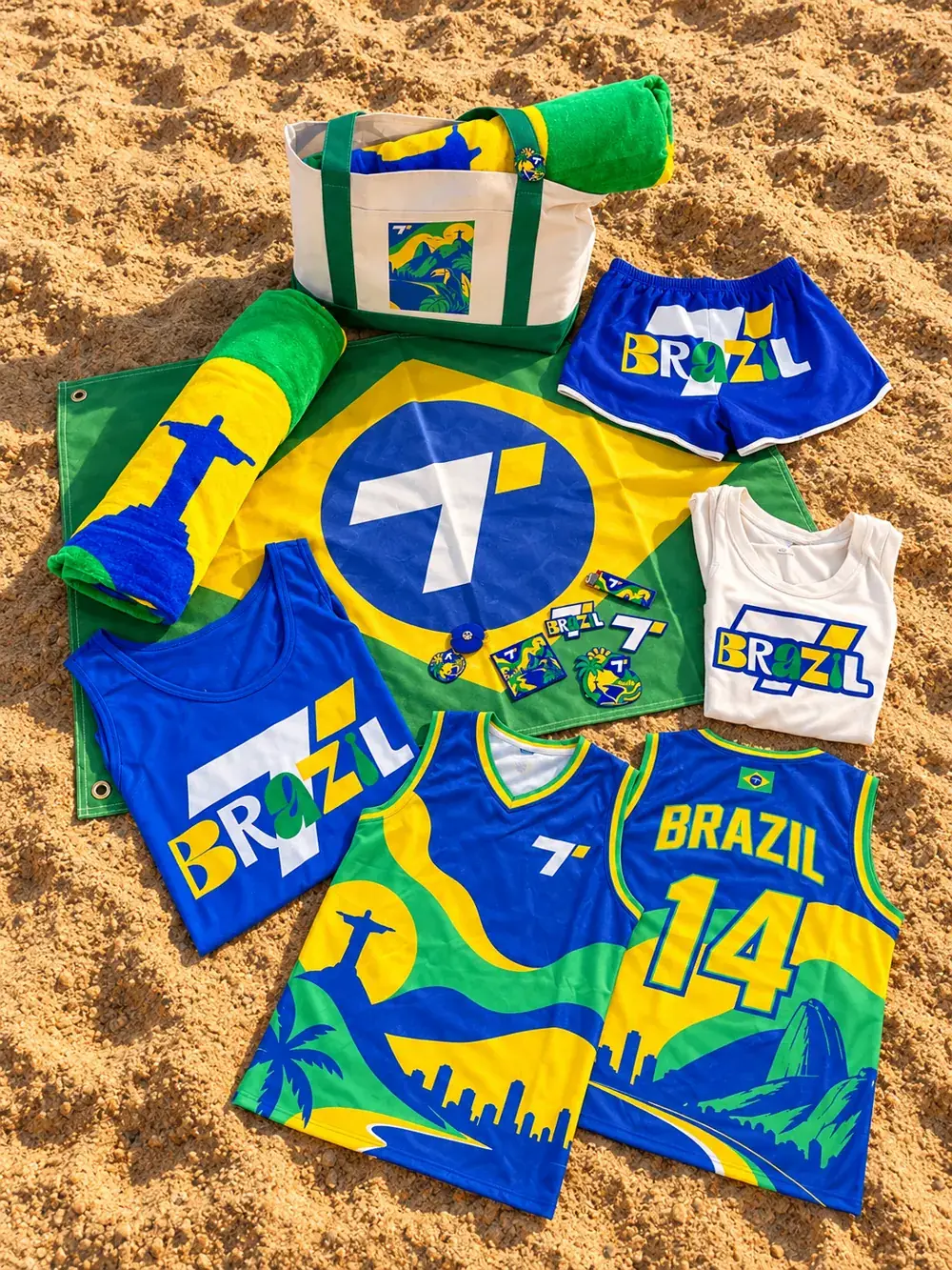 Brazil apparel and accessories arranged on sand