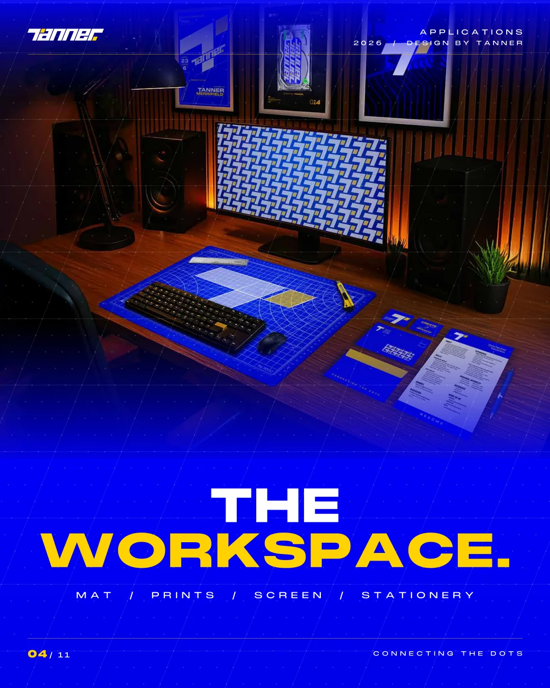Tanner — studio workspace with the T system on screen, desk mat and prints
