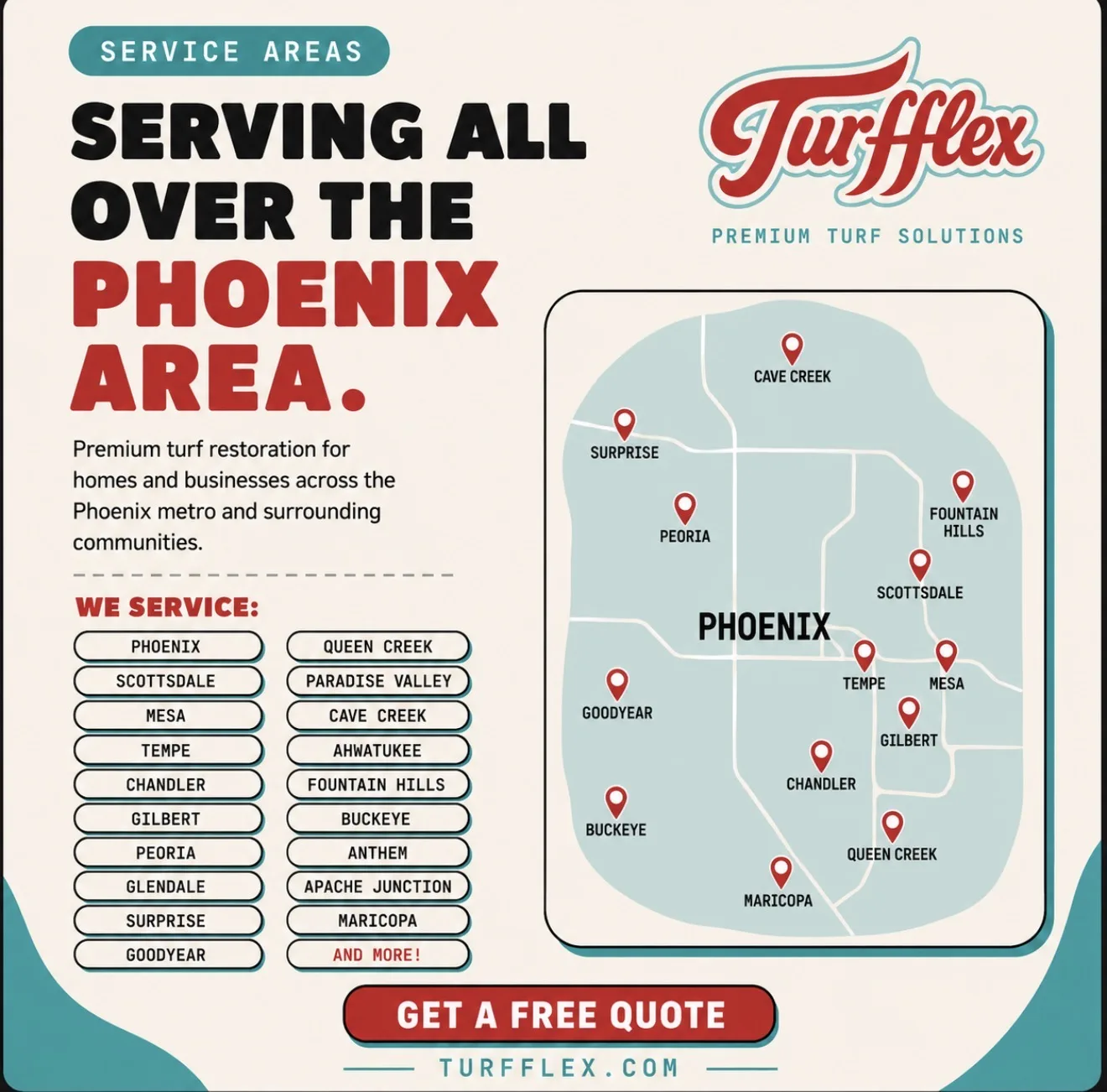 TurfFlex Phoenix metro service-area map with pinned cities