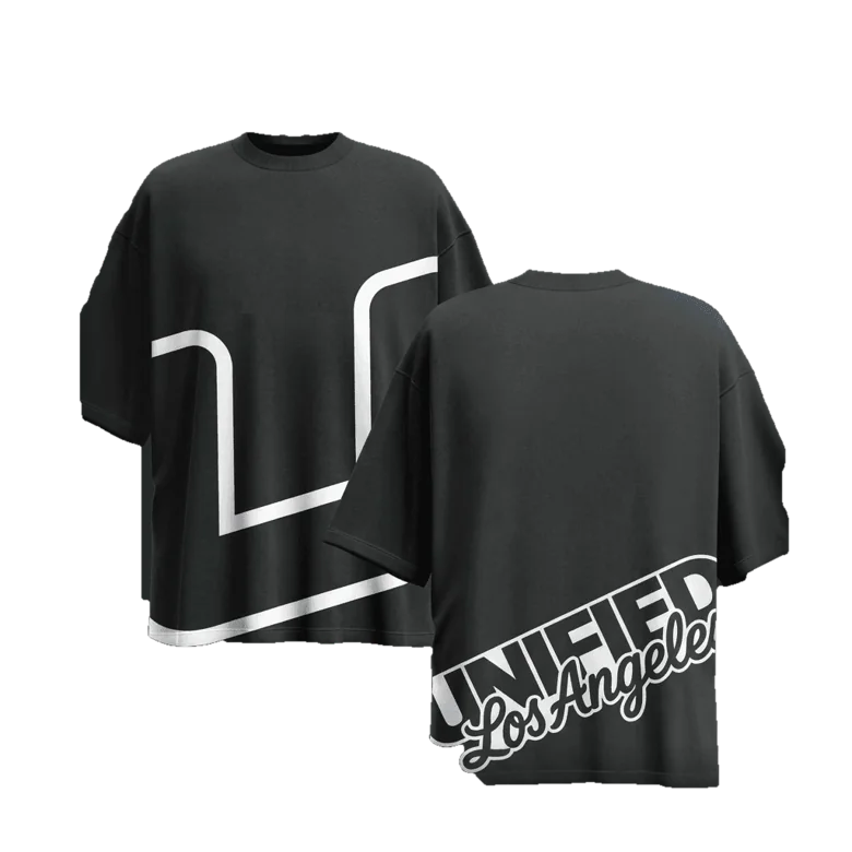 Unified wordmark on black apparel.